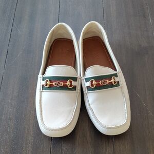 Gucci White Loafers with Gold and Green Details